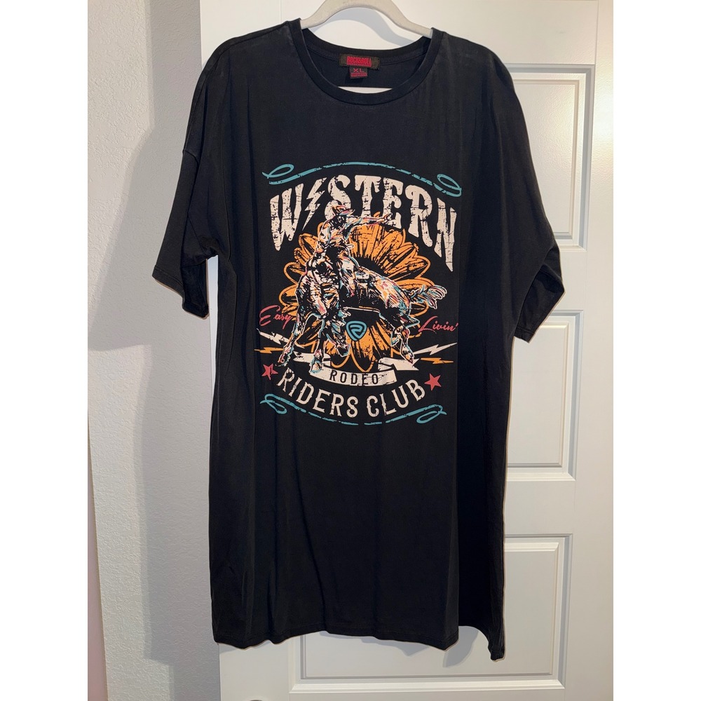 Rock and Roll Denim Western Rodeo Riders Club Graphic T-Shirt Dress Black XL